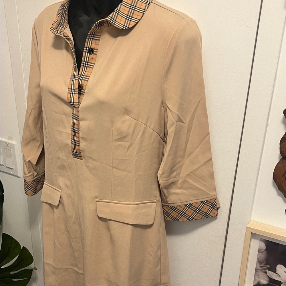 Beige Dress with Plaid Accents